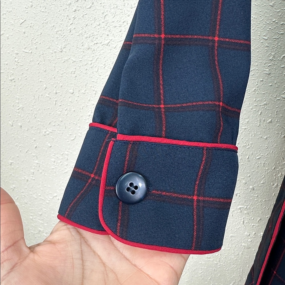 1901 Nordstrom Navy Blue Red Windowpane Plaid Longline Blazer dress Piping L - Picture 4 of 10